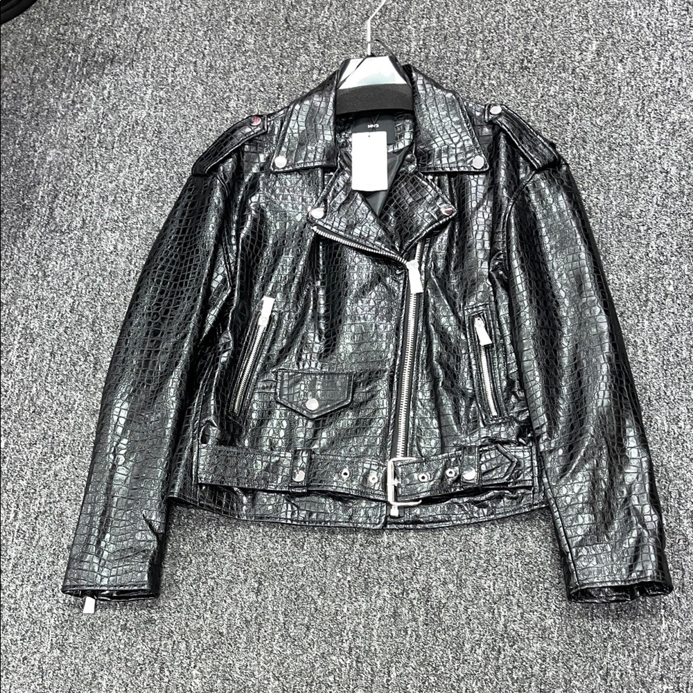 Mango Black Croc-Pattern Leather Jacket - image 2